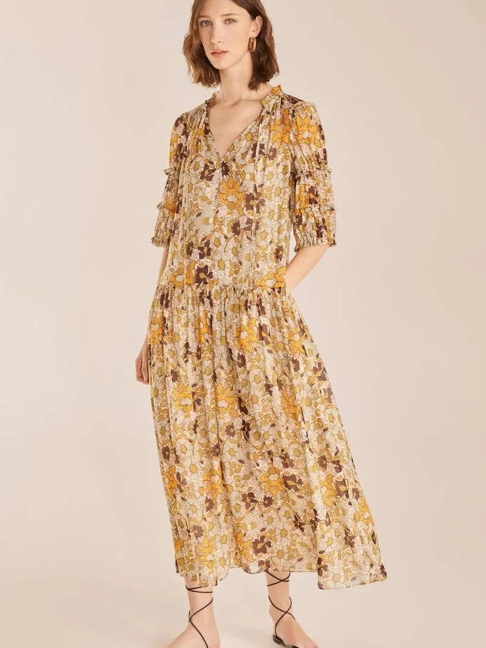 Rebecca Taylor Passion Flower Puff Sleeve Dress in Green Yellow Brown Medium - Picture 1 of 4